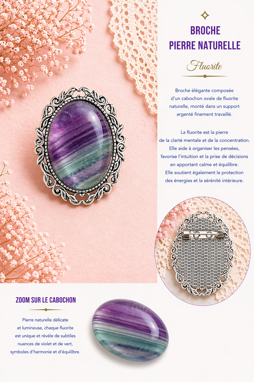 Broche fluorite pierre naturelle